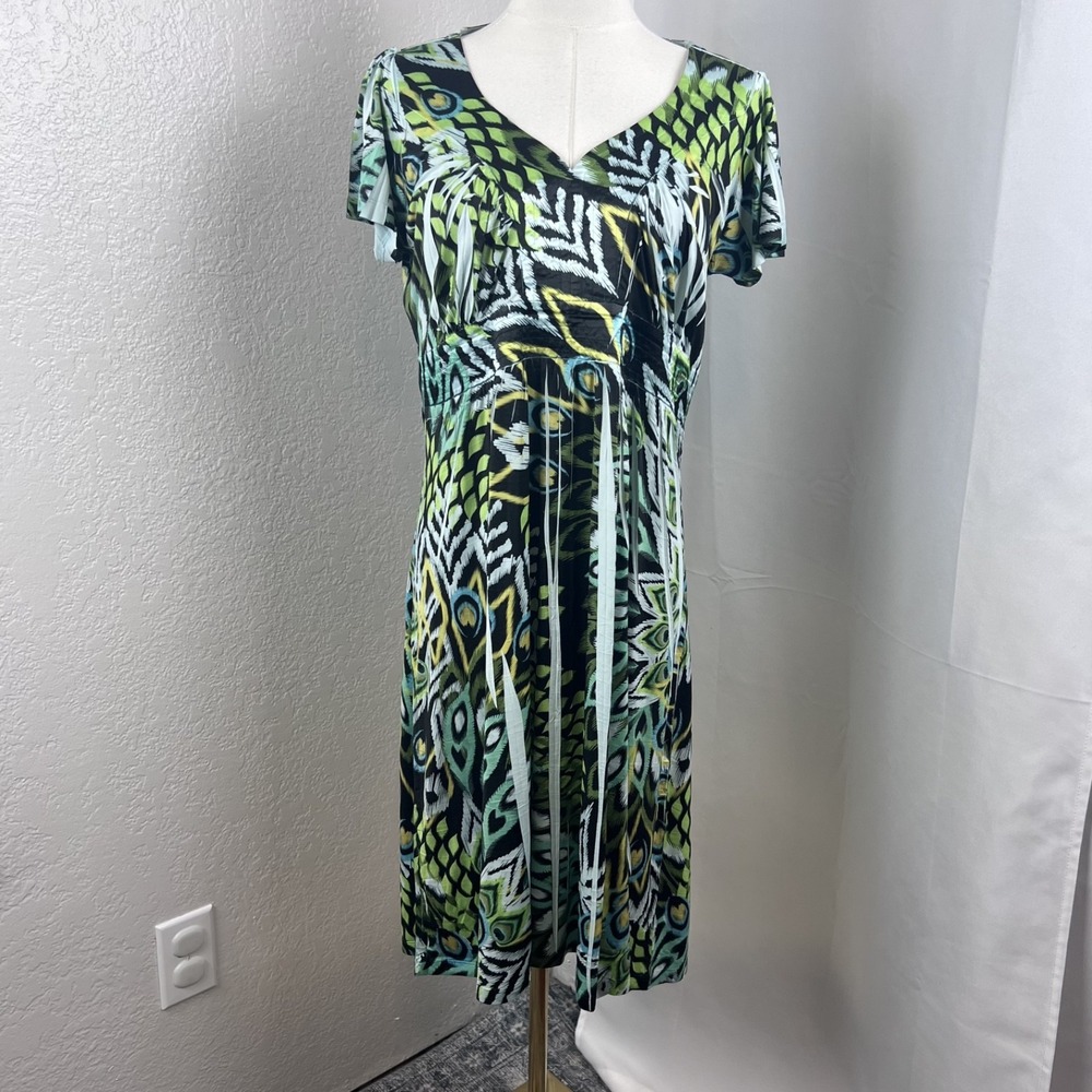 Y2K One World Knee Length Dress Womens PL Peacock Feather Print Babydoll Boho‎